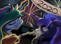 Size: 3926x2805 | Tagged: safe, artist:nookprint, imported from derpibooru, princess celestia, princess luna, alicorn, pony, 2020, alcohol, bust, champagne, crown, duo, female, fireworks, floppy ears, glowing, glowing horn, happy new year 2020, high res, horn, jewelry, magic, mare, new year, night, one eye closed, portrait, regalia, royal sisters, sky, smiling, telekinesis, trollestia, wine, wink