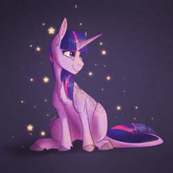 Size: 2247x2247 | Tagged: safe, artist:finchina, imported from derpibooru, twilight sparkle, pony, unicorn, black background, chest fluff, coat markings, colored hooves, cute, dappled, ear fluff, female, high res, leg fluff, leonine tail, mare, simple background, sitting, smiling, solo, stars, twiabetes, unicorn twilight