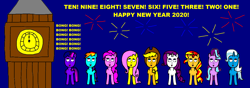 Size: 2836x1000 | Tagged: safe, imported from derpibooru, applejack, fluttershy, pinkie pie, rainbow dash, rarity, starlight glimmer, sunset shimmer, trixie, twilight sparkle, big ben, fireworks, happy new year, happy new year 2020, holiday, mane nine