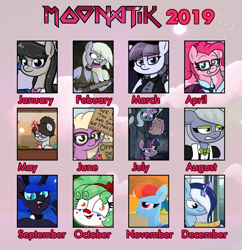 Size: 1979x2048 | Tagged: safe, artist:moonatik, imported from derpibooru, cozy glow, grace manewitz, inky rose, limestone pie, nightmare moon, octavia melody, pinkie pie, rainbow dash, raven, trixie, twilight sparkle, oc, oc:river swirl, alicorn, anthro, earth pony, pegasus, pony, unicorn, 2019, alternate timeline, anthro with ponies, bunny suit, canterlot, clothes, crystal prep academy uniform, crystal war timeline, eyeshadow, glasses, joker (2019), magic, maid, makeup, school uniform, twilight sparkle (alicorn)