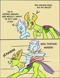 Size: 1836x2392 | Tagged: safe, artist:skunkstripe, imported from derpibooru, ocellus, thorax, changedling, changeling, changelings riding changelings, comic, dumb yung-six comics, female, king thorax, male, ocellus riding thorax, older, older ocellus, riding