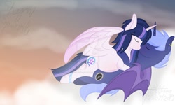 Size: 1024x615 | Tagged: safe, artist:shykahgs-artz, deleted from derpibooru, imported from derpibooru, oc, oc:eclipse dark crystal, oc:shyni moon sparkle, alicorn, bat pony, bat pony alicorn, pony, cloud, deviantart watermark, ear piercing, eyes closed, female, kissing, male, mare, obtrusive watermark, oc x oc, offspring, parent:king sombra, parent:oc:prince artemis, parent:princess luna, parent:twilight sparkle, parents:canon x oc, parents:lumbra, piercing, pregnant, shipping, stallion, watermark