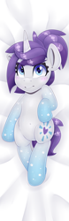 Size: 2125x6802 | Tagged: safe, alternate version, artist:partylikeanartist, imported from derpibooru, oc, oc only, oc:indigo wire, pony, unicorn, blushing, body pillow, body pillow design, colored pupils, cute, dakimakura cover, dakimakura for christmas, female, from above, frown, gradient hooves, grumpy, laying on bed, looking at you, lying down, lying on bed, mare, ocbetes, on back, ponytail, shy, solo, wingding eyes