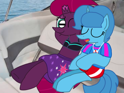 Size: 1440x1080 | Tagged: safe, artist:徐詩珮, imported from derpibooru, fizzlepop berrytwist, spring rain, tempest shadow, pony, unicorn, series:sprglitemplight diary, series:sprglitemplight life jacket days, series:springshadowdrops diary, series:springshadowdrops life jacket days, alternate universe, broken horn, clothes, cute, female, horn, lesbian, lifeguard, lifeguard spring rain, shipping, sleeping, springbetes, springshadow, swimsuit, tempestbetes