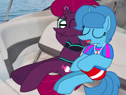 Size: 1440x1080 | Tagged: safe, artist:徐詩珮, imported from derpibooru, fizzlepop berrytwist, spring rain, tempest shadow, pony, unicorn, series:sprglitemplight diary, series:sprglitemplight life jacket days, series:springshadowdrops diary, series:springshadowdrops life jacket days, alternate universe, broken horn, clothes, cute, female, horn, lesbian, lifeguard, lifeguard spring rain, shipping, sleeping, springbetes, springshadow, sweet dreams fuel, swimsuit, tempestbetes