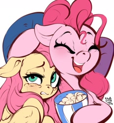 Size: 1295x1402 | Tagged: safe, artist:tohupo, imported from derpibooru, fluttershy, pinkie pie, earth pony, pegasus, pony, crying, duo, eyes closed, female, floppy ears, food, laughing, mare, open mouth, popcorn
