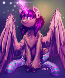 Size: 3355x4008 | Tagged: dead source, safe, artist:thewickedvix, imported from derpibooru, twilight sparkle, alicorn, pony, book, chest fluff, clothes, collar, ear fluff, ear piercing, female, fluffy, glowing horn, horn, piercing, socks, solo, striped socks, twilight sparkle (alicorn), unshorn fetlocks