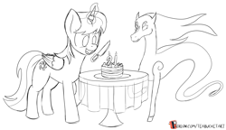 Size: 3985x2302 | Tagged: safe, artist:teabucket, imported from derpibooru, oc, oc only, oc:parcly taxel, oc:spindle, alicorn, pony, windigo, alicorn oc, birthday cake, birthday present, cake, candle, female, food, horn, horn ring, knife, levitation, magic, mare, monochrome, patreon, patreon logo, patreon reward, sketch, smiling, table, telekinesis, windigo oc