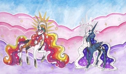 Size: 1280x754 | Tagged: safe, artist:draw1709, imported from derpibooru, princess celestia, princess luna, alicorn, pony, alternate design, day, looking at you, queen celestia, queen luna, royal sisters, sisters, traditional art