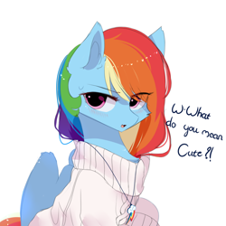 Size: 1000x1000 | Tagged: source needed, safe, artist:heddopen, imported from derpibooru, rainbow dash, pegasus, pony, blushing, cheek fluff, clothes, cute, cutie mark accessory, dashabetes, dialogue, ear fluff, eye clipping through hair, female, i'm not cute, jewelry, looking at you, mare, necklace, simple background, solo, sweat, sweater, white background