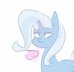 Size: 1551x1507 | Tagged: safe, artist:c0pter, imported from derpibooru, trixie, pony, unicorn, cup, female, frown, levitation, magic, mare, simple background, solo, teacup, telekinesis, white background