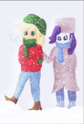 Size: 507x742 | Tagged: safe, artist:samyvillaly, imported from derpibooru, applejack, rarity, human, equestria girls, clothes, female, lesbian, rarijack, shipping, snow, winter, winter outfit