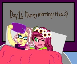 Size: 976x819 | Tagged: safe, artist:ktd1993, imported from derpibooru, gloriosa daisy, vignette valencia, equestria girls, 16, 30 day otp challenge, bed, clothes, female, gloriette, lesbian, nightgown, one eye open, selfie, shipping