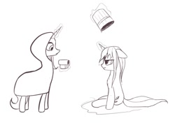 Size: 850x600 | Tagged: safe, artist:re7natus, imported from derpibooru, pony, bucket, camera, glowing horn, horn, ice bucket challenge, lineart, magic, sketch, telekinesis, wet mane
