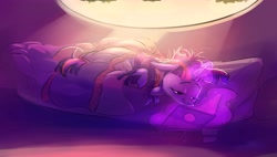 Size: 4000x2268 | Tagged: safe, alternate version, artist:imsokyo, imported from derpibooru, twilight sparkle, pony, unicorn, /mlp/, bed, bedroom, book, cute, female, glowing horn, golden oaks library, horn, in bed, laying on bed, lidded eyes, lying on bed, magic, mare, reading, solo, telekinesis, unicorn twilight
