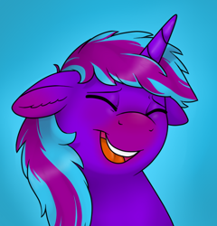 Size: 570x594 | Tagged: safe, artist:69beas, imported from derpibooru, oc, oc only, oc:neon eclipse, pony, unicorn, eyes closed, floppy ears, laughing, male, open mouth, simple background, solo, stallion