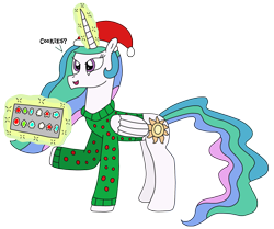 Size: 2926x2448 | Tagged: safe, artist:supahdonarudo, imported from derpibooru, princess celestia, alicorn, christmas, christmas cookies, clothes, cookie, dialogue, food, hat, holiday, levitation, magic, offering, santa hat, simple background, sweater, talking to viewer, telekinesis, text, transparent background, tray