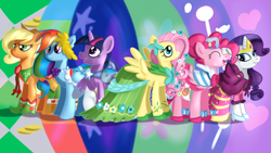 Size: 1920x1080 | Tagged: safe, artist:jbond, imported from derpibooru, applejack, fluttershy, pinkie pie, rainbow dash, rarity, twilight sparkle, earth pony, pegasus, pony, unicorn, the best night ever, 16:9, 1920x1080, clothes, cowboy hat, dress, female, gala dress, hat, mane six, mare, raised hoof, spread wings, unicorn twilight, wallpaper, wings