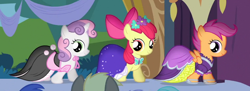 Size: 800x290 | Tagged: safe, imported from derpibooru, screencap, apple bloom, scootaloo, sweetie belle, earth pony, pegasus, pony, unicorn, simple ways, adorabloom, apple bloom's bow, bow, clothes, cropped, cute, cutealoo, cutie mark crusaders, diasweetes, dress, female, filly, hair bow
