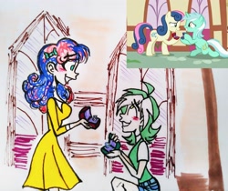 Size: 3097x2597 | Tagged: safe, artist:citi, edit, edited screencap, imported from derpibooru, screencap, bon bon, lyra heartstrings, human, the big mac question, engagement ring, female, humanized, lesbian, lyrabon, marriage proposal, ring, ring box, scene interpretation, screencap reference, shipping, traditional art