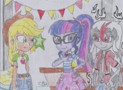 Size: 1415x1038 | Tagged: safe, artist:nephilim rider, imported from derpibooru, applejack, sci-twi, twilight sparkle, oc, oc:heaven lost, equestria girls, equestria girls series, holidays unwrapped, spoiler:eqg series (season 2), the cider louse fools, traditional art