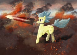 Size: 1063x752 | Tagged: safe, artist:dumbprincess, imported from derpibooru, oc, oc only, oc:frizzy brush, earth pony, pony, battlefield, detailed background, digital art, digital painting, fire, smoke, solo, standing, sword, weapon