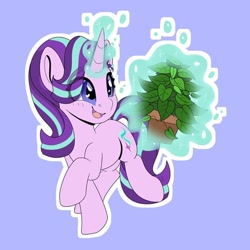 Size: 720x720 | Tagged: safe, artist:partylikeanartist, imported from derpibooru, phyllis, starlight glimmer, pony, unicorn, a horse shoe-in, blue background, cute, eye clipping through hair, eyebrows, eyebrows visible through hair, female, glimmerbetes, glowing horn, heart eyes, horn, magic, mare, open mouth, open smile, potted plant, purple background, simple background, smiling, solo, telekinesis, wingding eyes