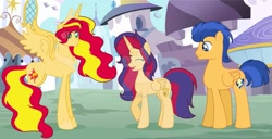 Size: 1249x640 | Tagged: safe, artist:californsaishi001, imported from derpibooru, flash sentry, sunset shimmer, oc, oc:sunrise, alicorn, pony, alicorn oc, alicornified, base used, deviantart watermark, family, female, flashimmer, horn, male, obtrusive watermark, offspring, parent:flash sentry, parent:sunset shimmer, parents:flashimmer, race swap, shimmercorn, shipping, straight, watermark