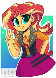 Size: 1431x1984 | Tagged: safe, artist:shibaroll, imported from derpibooru, sunset shimmer, equestria girls, equestria girls series, abstract background, cute, female, geode of empathy, heart, looking at you, magical geodes, peace sign, shimmerbetes, solo