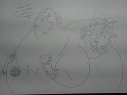 Size: 2592x1944 | Tagged: safe, artist:princebluemoon3, imported from derpibooru, part of a set, gabby, spike, dragon, griffon, fat, fat fetish, fetish, food, grammar error, grayscale, ice cream, monochrome, morbidly obese, obese, part of a series, sketch, traditional art, weight gain, winged spike, wings