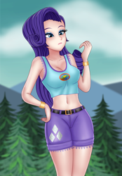 Size: 1400x2016 | Tagged: safe, artist:anonix123, imported from derpibooru, rarity, human, equestria girls, legend of everfree, beautiful, belly button, bracelet, breasts, busty rarity, camp everfree logo, camp everfree outfits, cleavage, clothes, denim shorts, female, humanized, jewelry, midriff, mountain, mountain range, nature, outdoors, shorts, solo