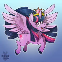 Size: 900x900 | Tagged: safe, artist:confusedewe, imported from derpibooru, twilight sparkle, alicorn, pony, big crown thingy, element of magic, female, flying, gradient background, jewelry, mare, regalia, smiling, solo, twilight sparkle (alicorn), unshorn fetlocks