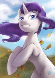 Size: 3508x4961 | Tagged: safe, artist:grecha-art, imported from derpibooru, rarity, pony, unicorn, blushing, cute, eyeshadow, female, leaves, lidded eyes, looking at you, makeup, mare, rearing, rt, smiling, solo