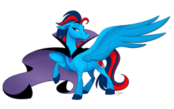 Size: 2383x1493 | Tagged: safe, artist:probablyfakeblonde, imported from derpibooru, oc, oc only, oc:andrew swiftwing, pegasus, pony, vampire, cape, clothes, costume, dressup, fangs, halloween, halloween costume, holiday, male, pose, raised hoof, solo, stallion, wings