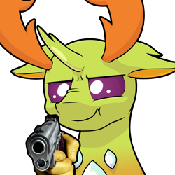 Size: 1280x1280 | Tagged: safe, artist:ljdamz1119, edit, imported from derpibooru, thorax, changedling, changeling, :j, bust, delet this, floppy ears, gun, king thorax, m1911, male, meme, scrunch, scrunchy face, simple background, solo, transparent background, weapon