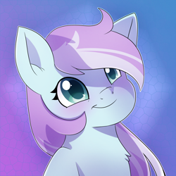 Size: 2000x2000 | Tagged: safe, artist:little-tweenframes, deleted from derpibooru, imported from derpibooru, oc, oc only, earth pony, pony, abstract background, blushing, bust, female, mare, purple background, simple background, smiling, solo, ych result