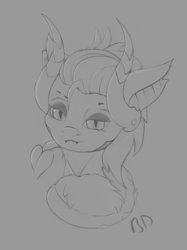 Size: 1628x2180 | Tagged: safe, artist:batsdisaster, imported from derpibooru, imp, pony, bust, devil horns, devil tail, fangs, female, grayscale, horns, looking at you, mare, mercy, monochrome, overwatch, ponified, sketch, smiling, solo, tail