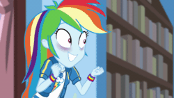 Size: 600x338 | Tagged: safe, imported from derpibooru, screencap, rainbow dash, equestria girls, equestria girls series, holidays unwrapped, spoiler:eqg series (season 2), animated, blizzard or bust, bookshelf, clothes, cute, cutie mark, cutie mark on clothes, dashabetes, excited, female, geode of super speed, gif, magical geodes, solo