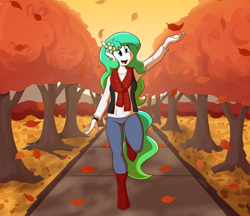 Size: 3000x2596 | Tagged: safe, artist:whatsapokemon, imported from derpibooru, oc, oc only, oc:gumdrop, anthro, earth pony, autumn, clothes, female, flower, flower in hair, leaves, scarf, solo, tree