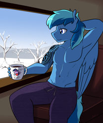 Size: 2032x2448 | Tagged: safe, artist:whatsapokemon, imported from derpibooru, twilight sparkle, oc, oc:umami stale, anthro, pegasus, armpits, clothes, coffee mug, male, mug, pants, partial nudity, solo, tattoo, topless, winter