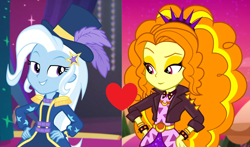 Size: 1608x944 | Tagged: safe, edit, edited edit, edited screencap, imported from derpibooru, screencap, adagio dazzle, trixie, equestria girls, equestria girls series, spring breakdown, sunset's backstage pass!, spoiler:eqg series (season 2), female, heart, lesbian, shipping, shipping domino, triagio