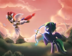 Size: 1023x803 | Tagged: safe, artist:dawnfire, imported from derpibooru, oc, oc only, oc:checkmate, oc:cherry blossom, pegasus, pony, armor, arrow, bow (weapon), duo, female, flying, guardsmare, helmet, hoof shoes, looking at each other, magic, male, mare, rearing, royal guard, stallion, telekinesis, weapon