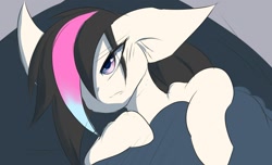 Size: 1471x896 | Tagged: safe, artist:k_clematis, imported from derpibooru, oc, oc only, earth pony, pony, bed, blanket, earth pony oc, female, hair over one eye, mare, on back, solo