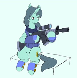 Size: 2036x2048 | Tagged: safe, artist:omegapony16, imported from derpibooru, oc, oc only, oc:oriponi, pony, unicorn, armor, clothes, female, gun, hoof hold, horn, mare, rifle, scarf, simple background, sitting, soldier, solo, unicorn oc, vest, weapon