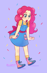 Size: 1245x1920 | Tagged: safe, artist:milliebeesart, imported from derpibooru, pinkie pie, human, :o, blue background, clothes, confetti, converse, cute, diapinkes, dress, female, humanized, open mouth, shoes, simple background, sneakers, solo