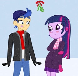 Size: 907x881 | Tagged: safe, artist:danielarkansanengine, imported from derpibooru, flash sentry, twilight sparkle, equestria girls, christmas, clothes, duo, earmuffs, female, flashlight, holiday, male, mistletoe, scarf, shipping, snow, snowfall, straight