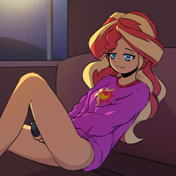 Size: 2000x2000 | Tagged: safe, artist:rockset, imported from derpibooru, sunset shimmer, equestria girls, bare legs, clothes, controller, female, legs, night, partial nudity, schrödinger's pantsu, solo, sunset's apartment, sweater, thighs, window