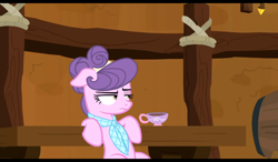 Size: 1024x600 | Tagged: safe, artist:emeriss96, edit, edited screencap, imported from derpibooru, screencap, suri polomare, earth pony, pony, season 8, yakity-sax, spoiler:s08, coffee, cup, female, leaning back, mare, solo, teacup, yakyakistan