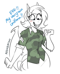 Size: 528x651 | Tagged: safe, artist:redxbacon, imported from derpibooru, oc, oc only, anthro, bat pony, bat pony oc, blushing, camouflage, corporal, eeee, grin, military uniform, rolled up sleeves, simple background, smiling, solo, white background