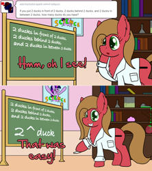 Size: 1280x1442 | Tagged: safe, artist:clouddg, imported from derpibooru, twilight sparkle, oc, oc:pun, pony, ask pun, ask, chalkboard, clothes, lab coat